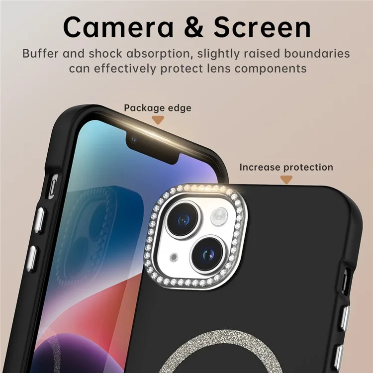 For iPhone 14 Case Compatible with MagSafe TPU + PET Phone Cover with Rhinestone Decor Lens Frame - Black
