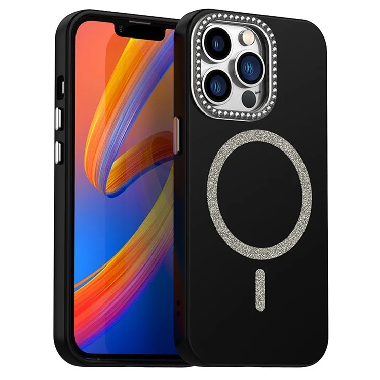 Funda para iPhone 13 Pro compatible con MagSafe Cubierta de teléfono de TPU + PET con marco de lente decorado con piedras preciosas - Negro