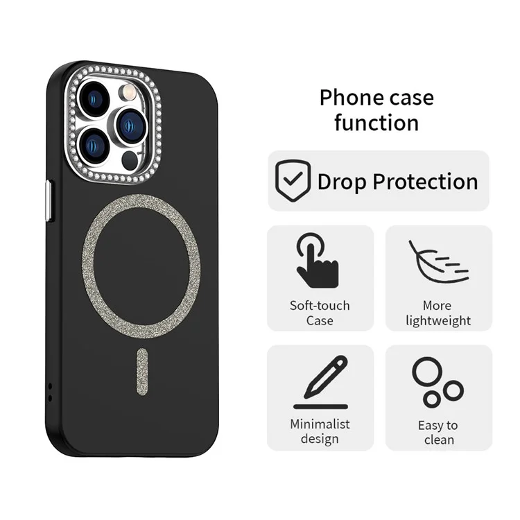 Funda para iPhone 13 Pro compatible con MagSafe Cubierta de teléfono de TPU + PET con marco de lente decorado con piedras preciosas - Negro