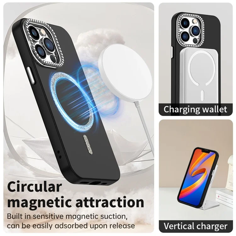 Funda para iPhone 13 Pro compatible con MagSafe Cubierta de teléfono de TPU + PET con marco de lente decorado con piedras preciosas - Negro