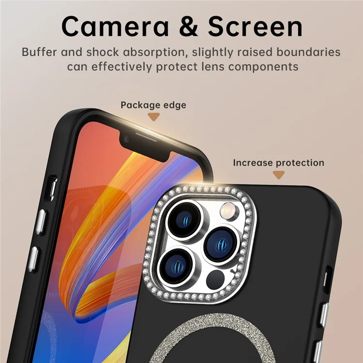 Funda para iPhone 13 Pro compatible con MagSafe Cubierta de teléfono de TPU + PET con marco de lente decorado con piedras preciosas - Negro