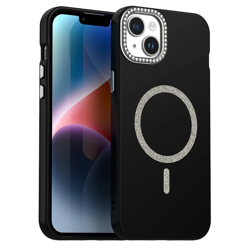 For iPhone 15 Plus / 14 Plus Case Compatible with MagSafe TPU + PET Phone Cover with Rhinestone Decor Lens Frame - Black