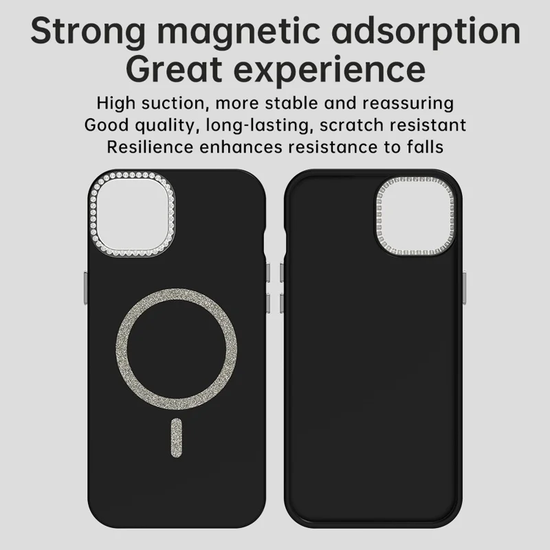 For iPhone 15 Plus / 14 Plus Case Compatible with MagSafe TPU + PET Phone Cover with Rhinestone Decor Lens Frame - Black