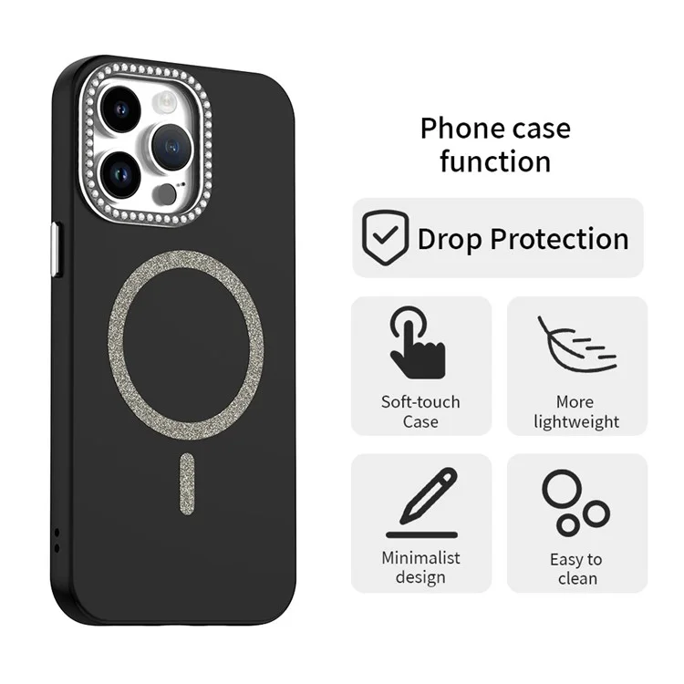 For iPhone 14 Pro Case Compatible with MagSafe TPU + PET Phone Cover with Rhinestone Decor Lens Frame - Black