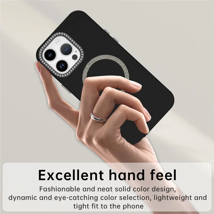 For iPhone 14 Pro Case Compatible with MagSafe TPU + PET Phone Cover with Rhinestone Decor Lens Frame - Black