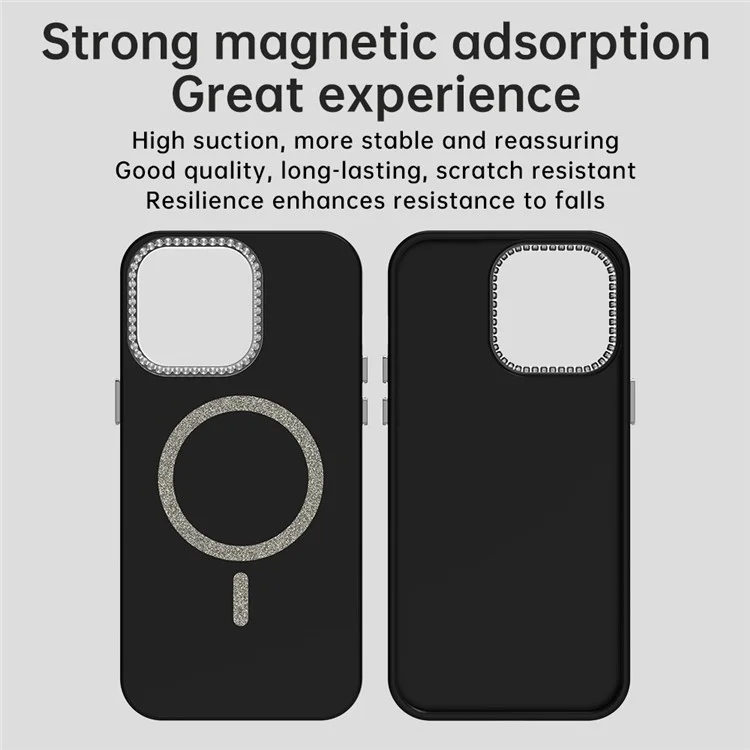 For iPhone 14 Pro Case Compatible with MagSafe TPU + PET Phone Cover with Rhinestone Decor Lens Frame - Black