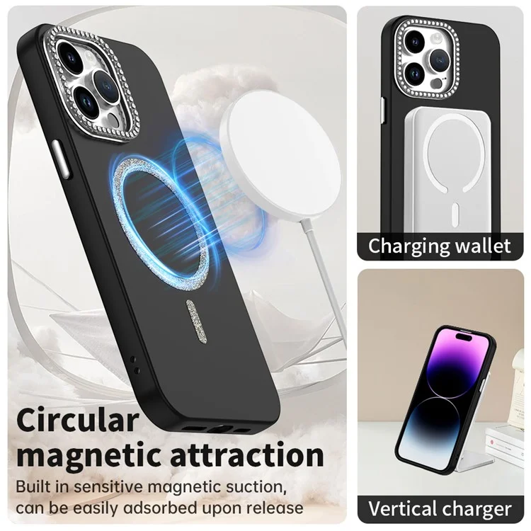 For iPhone 14 Pro Max Case Compatible with MagSafe TPU + PET Phone Cover with Rhinestone Decor Lens Frame - Black