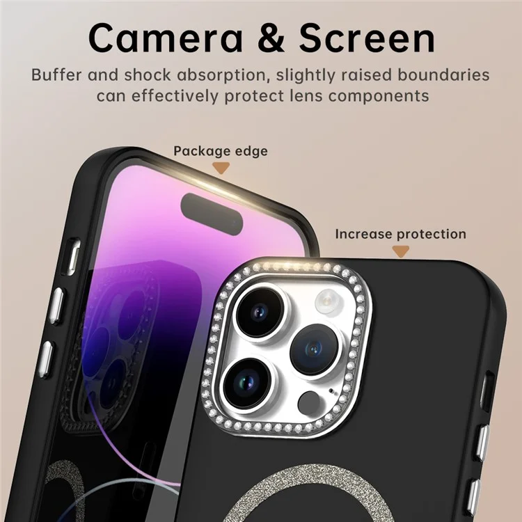 For iPhone 14 Pro Max Case Compatible with MagSafe TPU + PET Phone Cover with Rhinestone Decor Lens Frame - Black