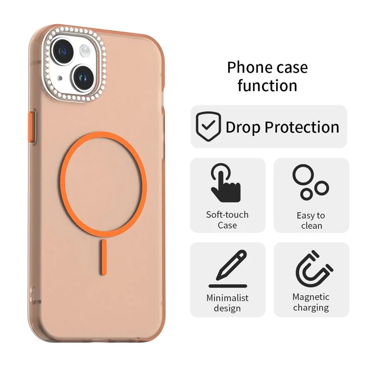 Für iPhone 14 / 13 Hülle Kompatibel mit MagSafe TPU + PC + PET Handyhülle Strasssteine Linsenrahmen - Orange