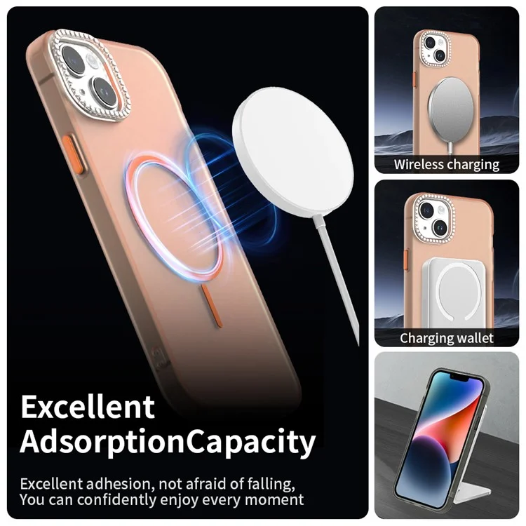 Für iPhone 14 / 13 Hülle Kompatibel mit MagSafe TPU + PC + PET Handyhülle Strasssteine Linsenrahmen - Orange