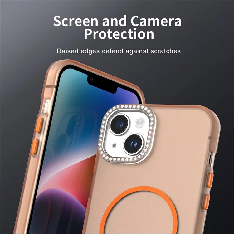 Für iPhone 14 / 13 Hülle Kompatibel mit MagSafe TPU + PC + PET Handyhülle Strasssteine Linsenrahmen - Orange