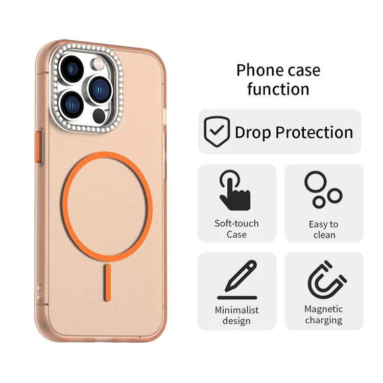 Funda para iPhone 13 Pro Compatible con MagSafe TPU + PC + PET con Marco de Lente y Decoración de Strass - Naranja
