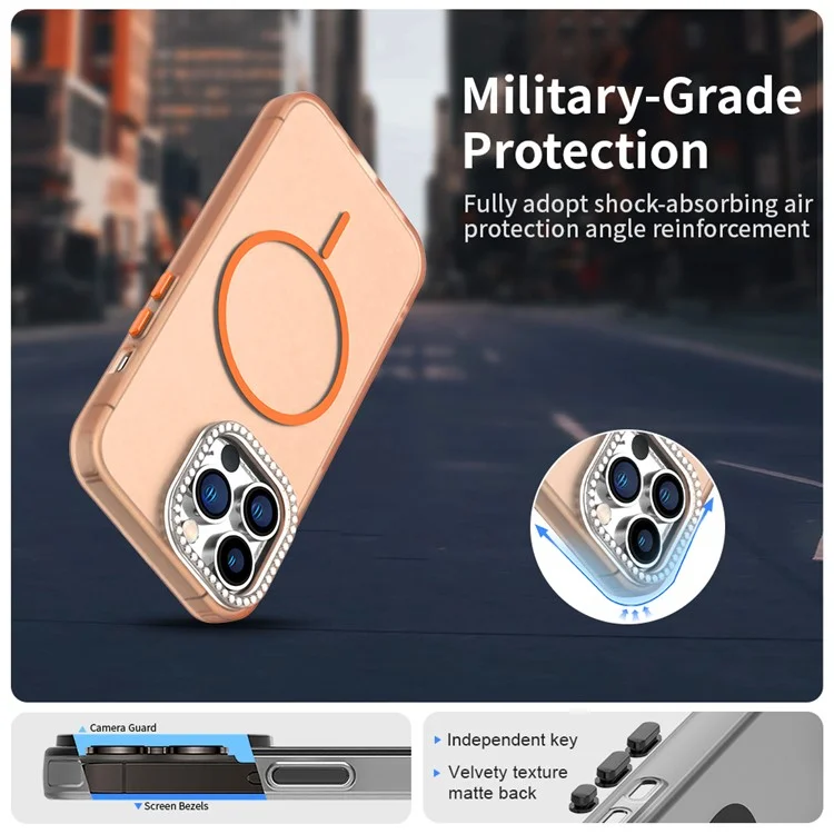 Funda para iPhone 13 Pro Compatible con MagSafe TPU + PC + PET con Marco de Lente y Decoración de Strass - Naranja