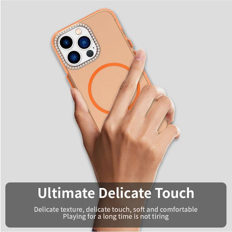 Funda para iPhone 13 Pro Compatible con MagSafe TPU + PC + PET con Marco de Lente y Decoración de Strass - Naranja