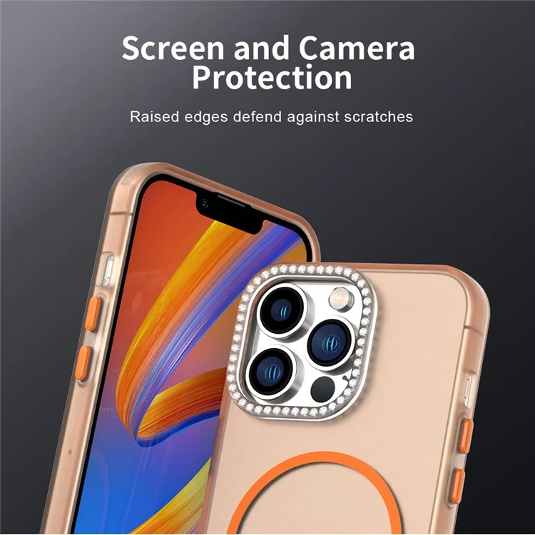 Funda para iPhone 13 Pro Compatible con MagSafe TPU + PC + PET con Marco de Lente y Decoración de Strass - Naranja