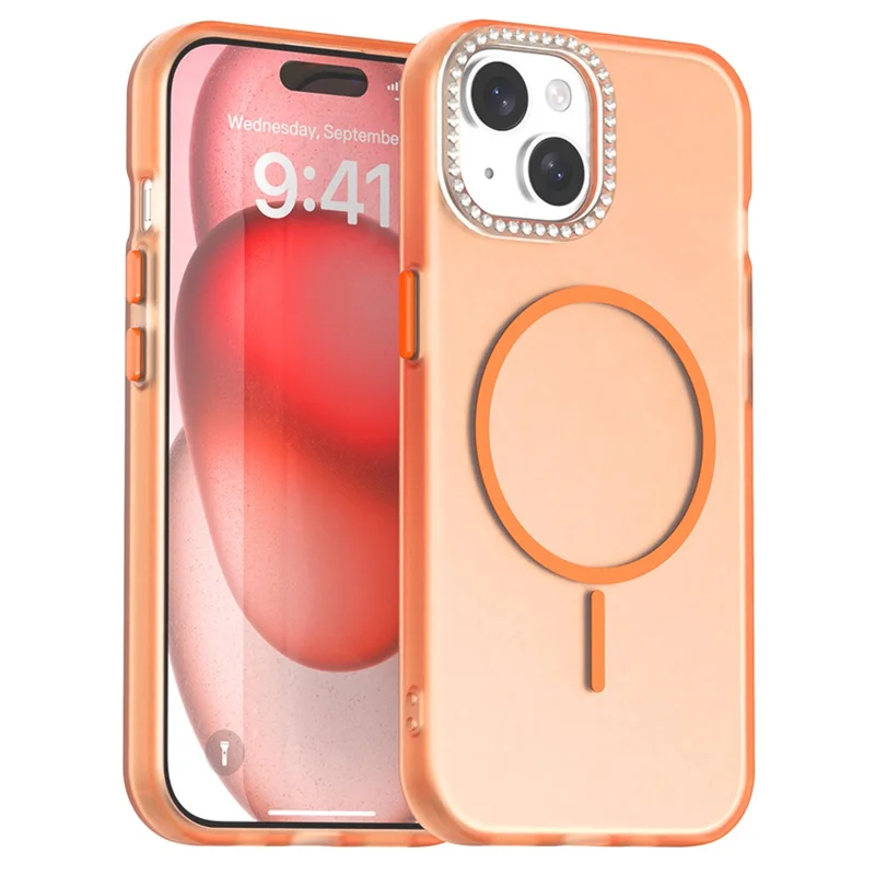 For iPhone 15 Plus / 14 Plus Case Compatible with MagSafe TPU + PC + PET Phone Cover Rhinestone Decor Lens Frame - Orange