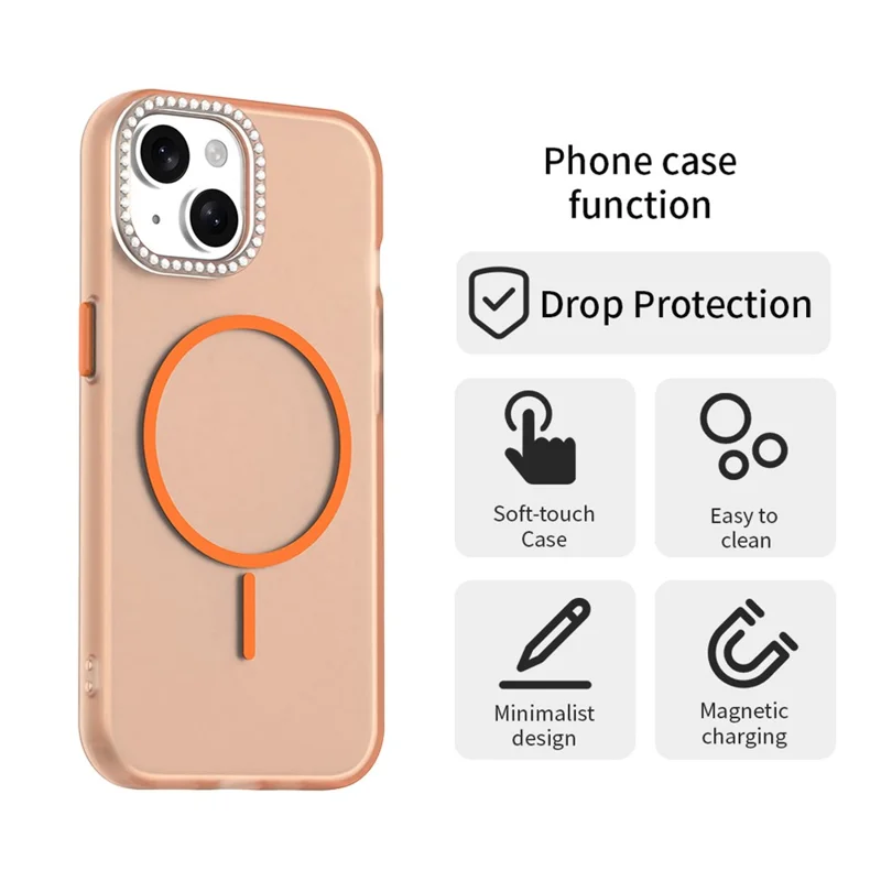For iPhone 15 Plus / 14 Plus Case Compatible with MagSafe TPU + PC + PET Phone Cover Rhinestone Decor Lens Frame - Orange
