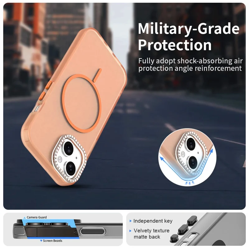 For iPhone 15 Plus / 14 Plus Case Compatible with MagSafe TPU + PC + PET Phone Cover Rhinestone Decor Lens Frame - Orange
