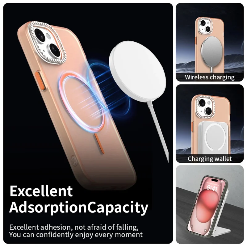 For iPhone 15 Plus / 14 Plus Case Compatible with MagSafe TPU + PC + PET Phone Cover Rhinestone Decor Lens Frame - Orange