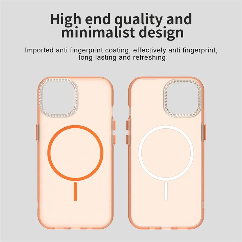 For iPhone 15 Plus / 14 Plus Case Compatible with MagSafe TPU + PC + PET Phone Cover Rhinestone Decor Lens Frame - Orange
