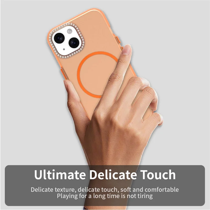 For iPhone 15 Plus / 14 Plus Case Compatible with MagSafe TPU + PC + PET Phone Cover Rhinestone Decor Lens Frame - Orange