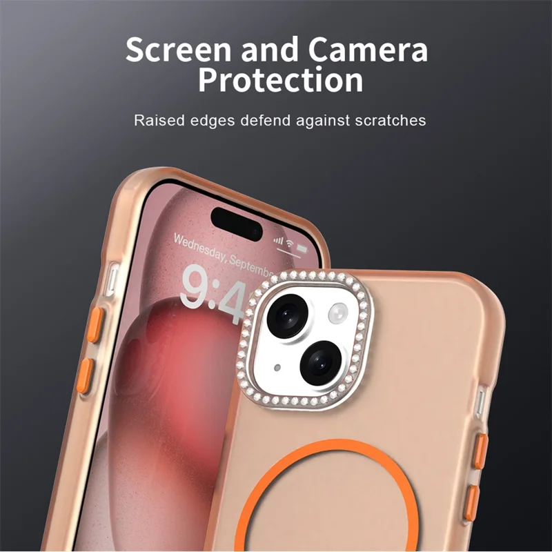 For iPhone 15 Plus / 14 Plus Case Compatible with MagSafe TPU + PC + PET Phone Cover Rhinestone Decor Lens Frame - Orange