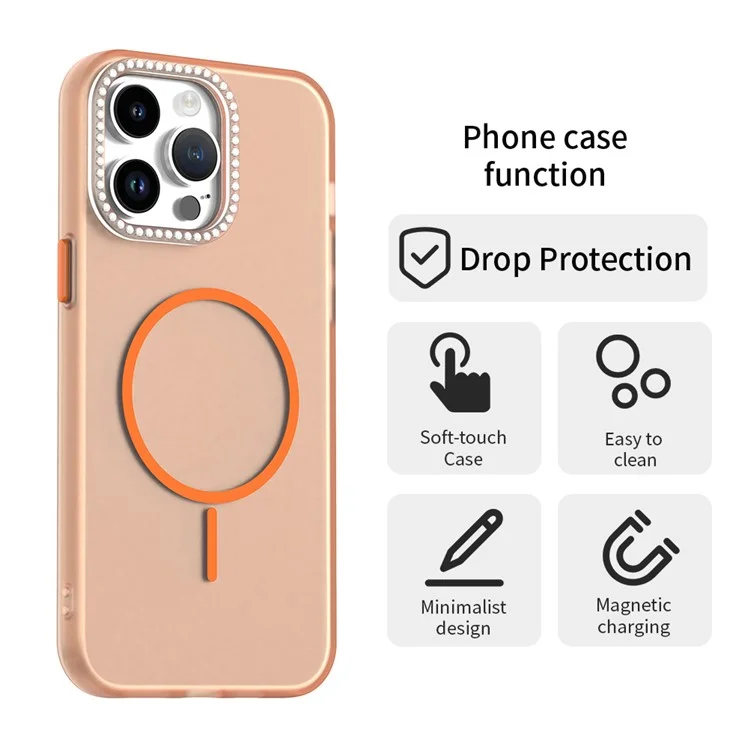 For iPhone 14 Pro Max Case Compatible with MagSafe TPU + PC + PET Phone Cover Rhinestone Decor Lens Frame - Orange