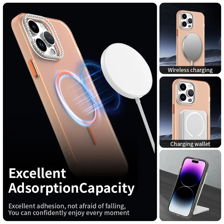 For iPhone 14 Pro Max Case Compatible with MagSafe TPU + PC + PET Phone Cover Rhinestone Decor Lens Frame - Orange