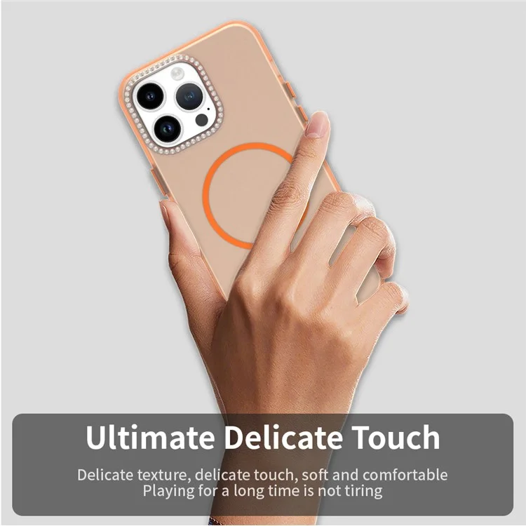 For iPhone 14 Pro Max Case Compatible with MagSafe TPU + PC + PET Phone Cover Rhinestone Decor Lens Frame - Orange