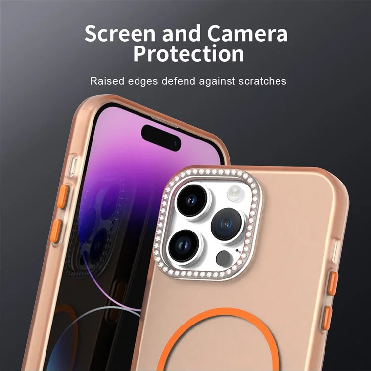 For iPhone 14 Pro Max Case Compatible with MagSafe TPU + PC + PET Phone Cover Rhinestone Decor Lens Frame - Orange