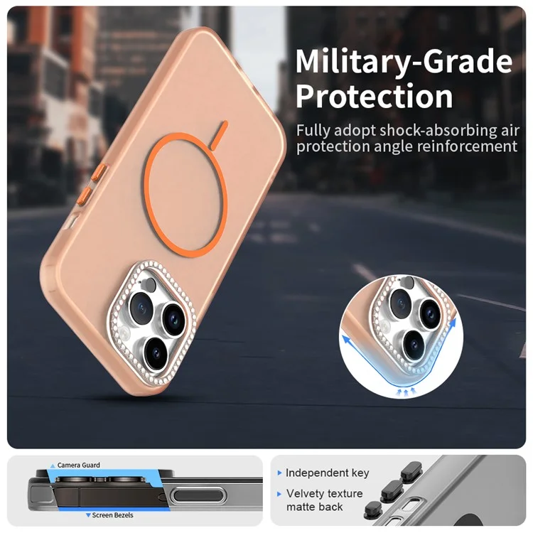 For iPhone 14 Pro Max Case Compatible with MagSafe TPU + PC + PET Phone Cover Rhinestone Decor Lens Frame - Orange