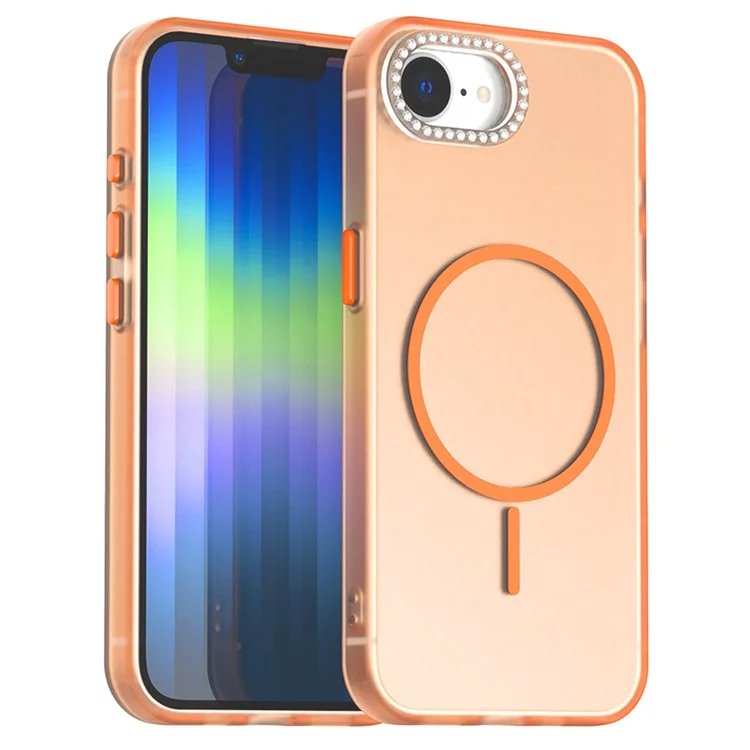 Cover per iPhone 16e Compatibile con MagSafe TPU + PC + PET con Cornice per Obiettivo e Decorazione di Strass - Arancione