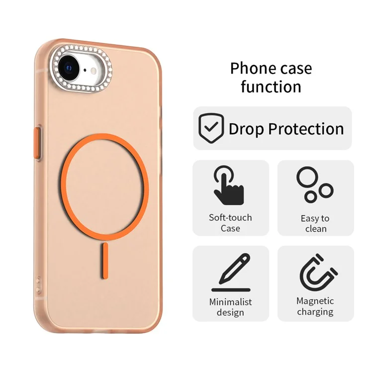 Cover per iPhone 16e Compatibile con MagSafe TPU + PC + PET con Cornice per Obiettivo e Decorazione di Strass - Arancione