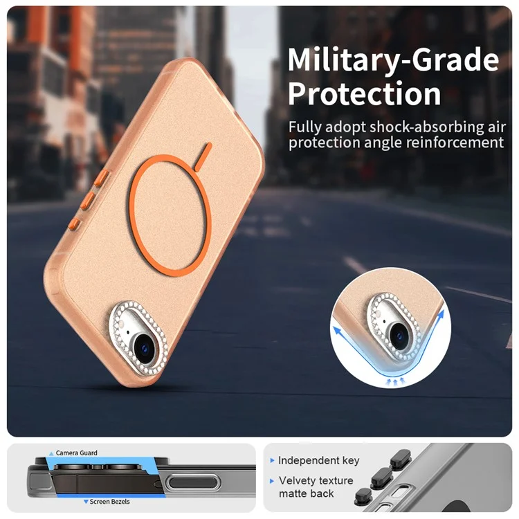 Cover per iPhone 16e Compatibile con MagSafe TPU + PC + PET con Cornice per Obiettivo e Decorazione di Strass - Arancione