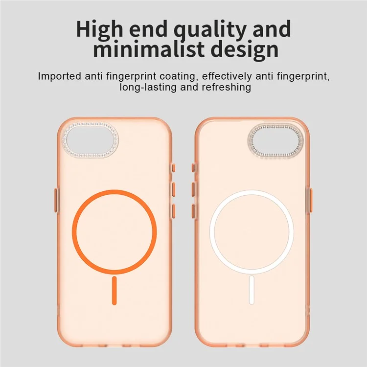 Cover per iPhone 16e Compatibile con MagSafe TPU + PC + PET con Cornice per Obiettivo e Decorazione di Strass - Arancione