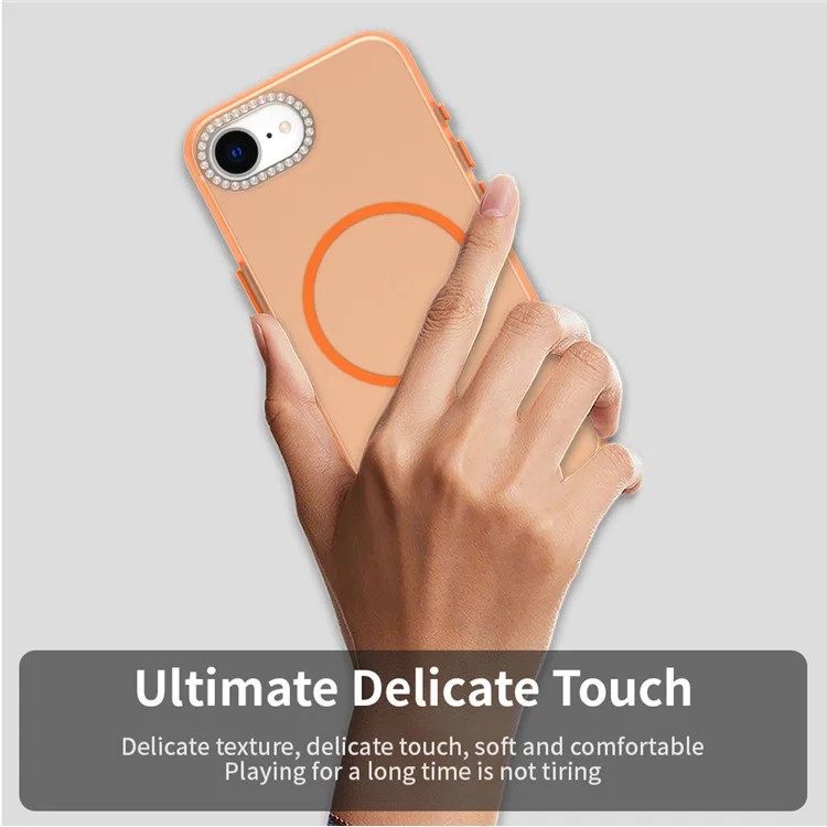 Cover per iPhone 16e Compatibile con MagSafe TPU + PC + PET con Cornice per Obiettivo e Decorazione di Strass - Arancione