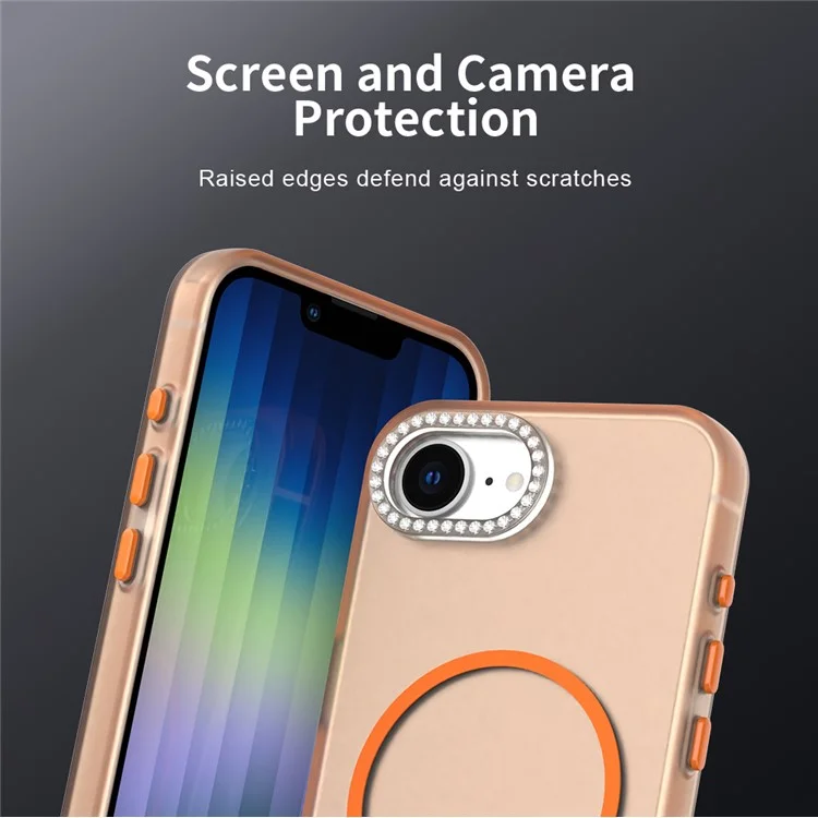 Cover per iPhone 16e Compatibile con MagSafe TPU + PC + PET con Cornice per Obiettivo e Decorazione di Strass - Arancione