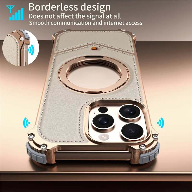 For iPhone 16 Pro Max Case PU Covered Metal Boardless Phone Back Cover with Kickstand - Desert Gold