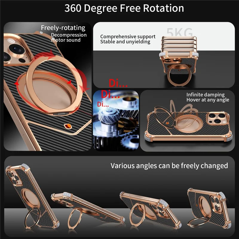 For iPhone 16 Pro Max Case Carbon Fiber Texture PU + Metal Boardless Phone Back Cover with Kickstand - Brown