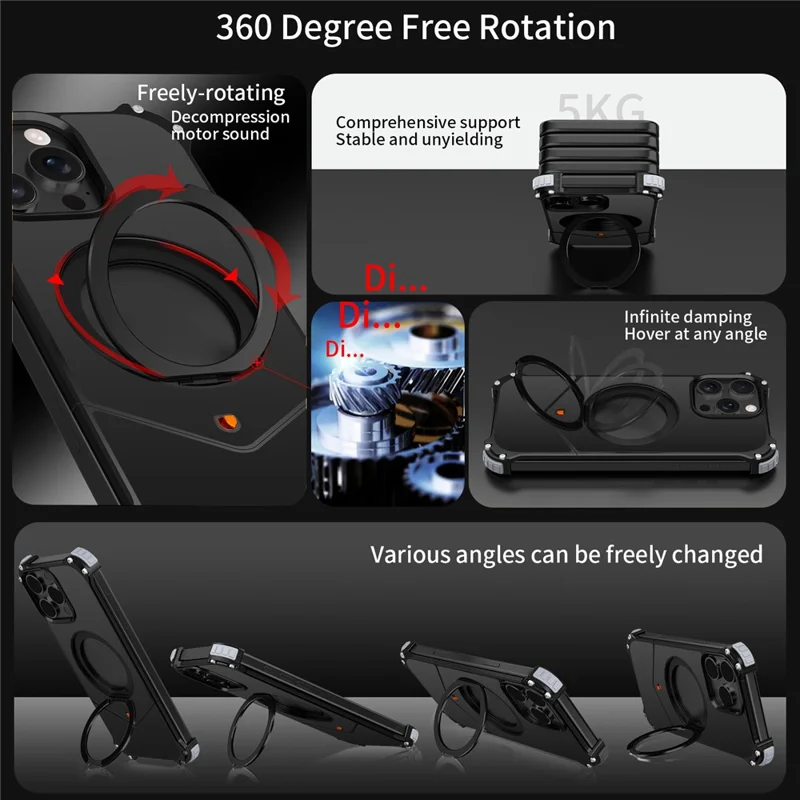 For iPhone 16 Pro Max Case PC + Metal Boardless Phone Back Cover with Kickstand - Black