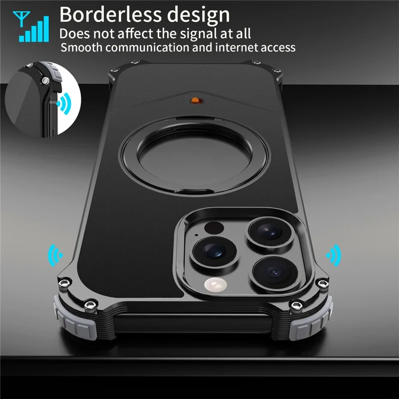 For iPhone 16 Pro Max Case PC + Metal Boardless Phone Back Cover with Kickstand - Black