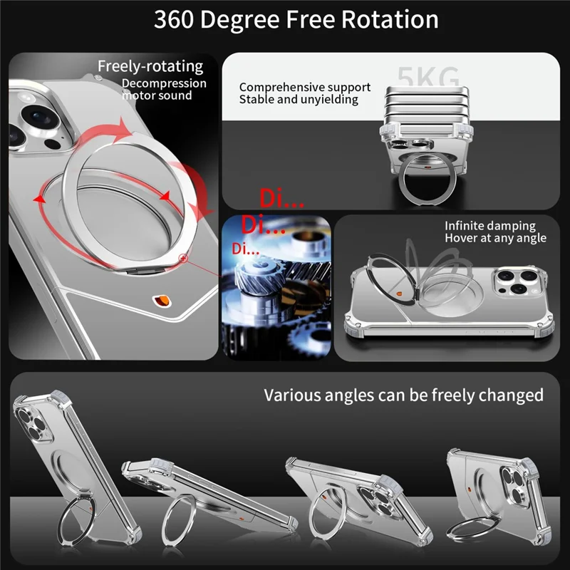 For iPhone 16 Pro Max Case PC + Metal Boardless Phone Back Cover with Kickstand - Grey
