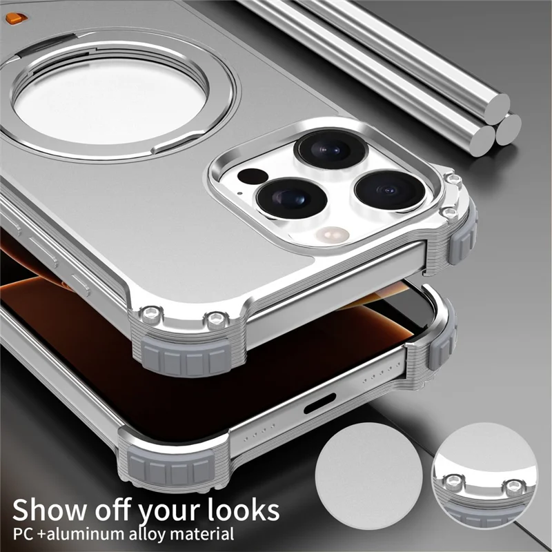 For iPhone 16 Pro Max Case PC + Metal Boardless Phone Back Cover with Kickstand - Grey