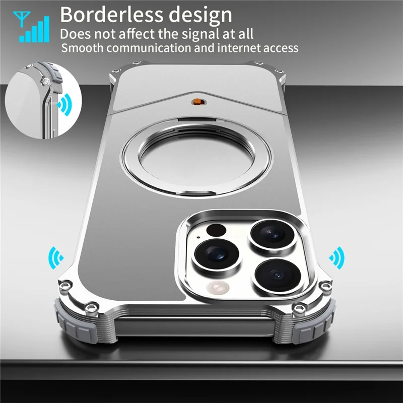 For iPhone 16 Pro Max Case PC + Metal Boardless Phone Back Cover with Kickstand - Grey