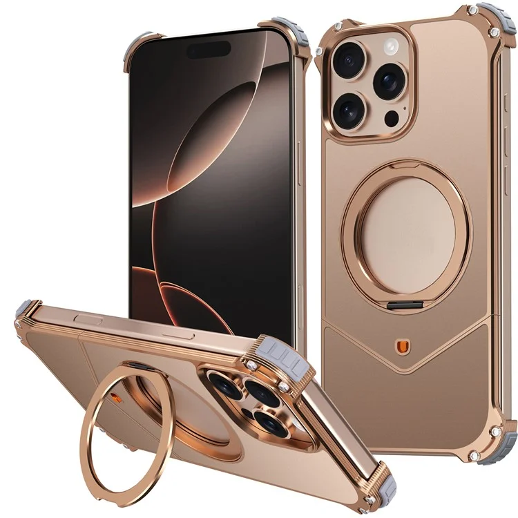 Чехол для iPhone 16 Pro Max PC + Металл Бескаркасный задний чехол с подставкой - Коричневый