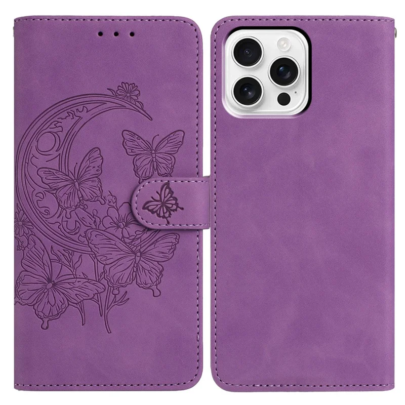 For iPhone 16 Pro Case Butterfly Flower Imprinted PU Leather Wallet Stand Phone Cover - Purple