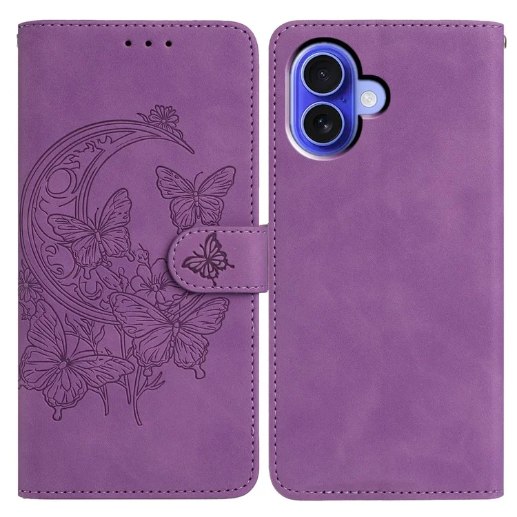 Funda tipo cartera para iPhone 16 con mariposas y flores impresas en cuero PU con soporte - Morado