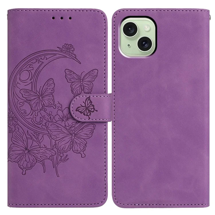 Funda tipo cartera para iPhone 15 con mariposas y flores estampadas, de cuero PU con soporte - Morado
