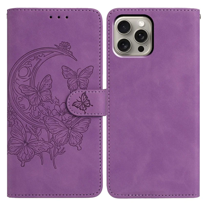 For iPhone 15 Pro Max Case Butterfly Flower Imprinted PU Leather Wallet Stand Phone Cover - Purple
