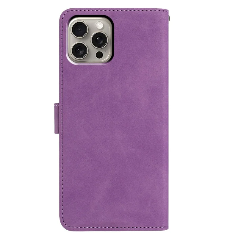 For iPhone 15 Pro Max Case Butterfly Flower Imprinted PU Leather Wallet Stand Phone Cover - Purple